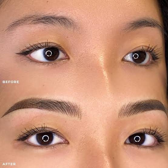 Before and after combo brows permanent makeup, front view of both eyes