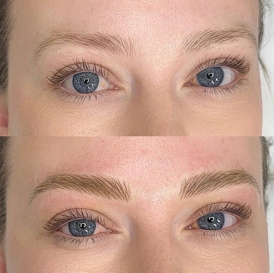 Before and after microblading, thin brows filled with natural-looking hair strokes