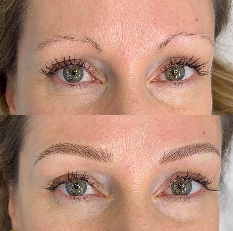 Before and after nano brows, sparse light brows filled with soft hair strokes