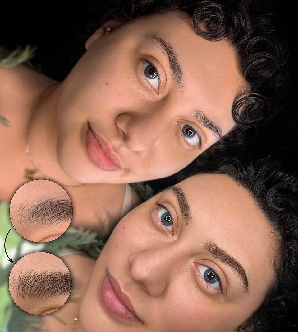 Before and after nano brows with close-ups of the brow before and after