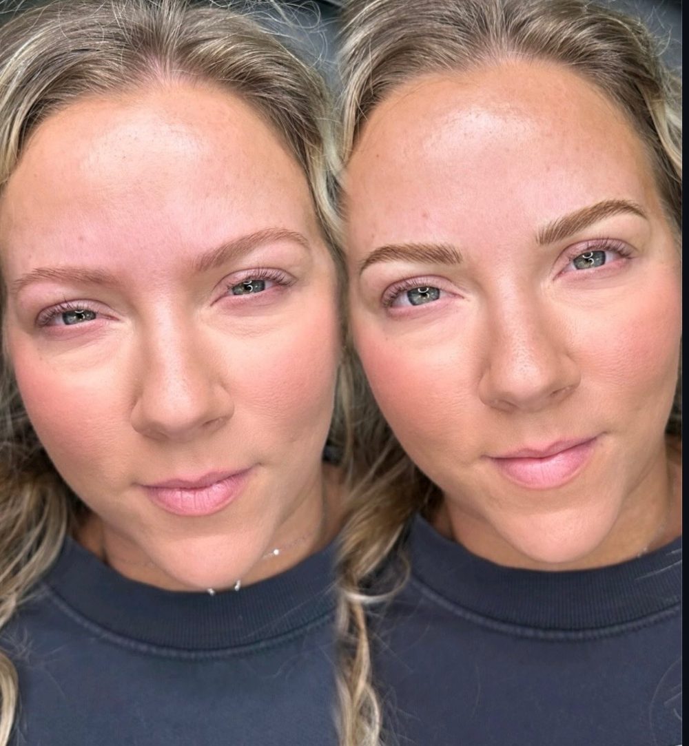 Side-by-side before and after nano brows permanent makeup
