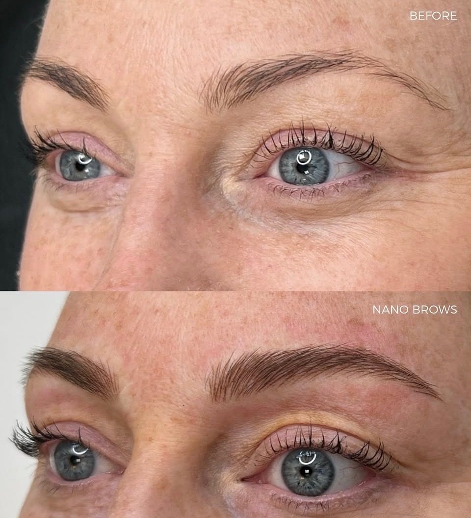 Before and after nano brows permanent makeup, angled close-up
